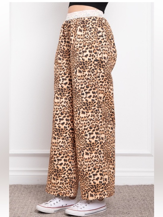 Bluevelvet Pants - 079. Leopard print pull on lounge wide leg pant in tan and brown